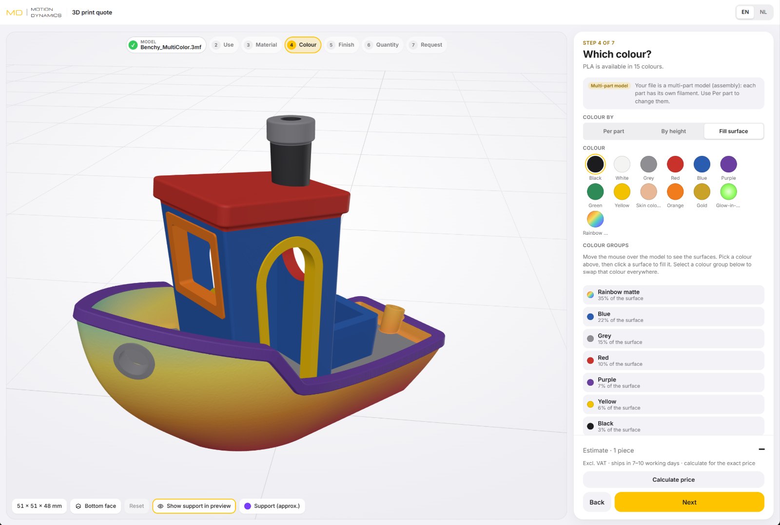The Motion Dynamics 3D print calculator: a multicolour Benchy in the 3D view, with the colour step, colour groups and indicative price