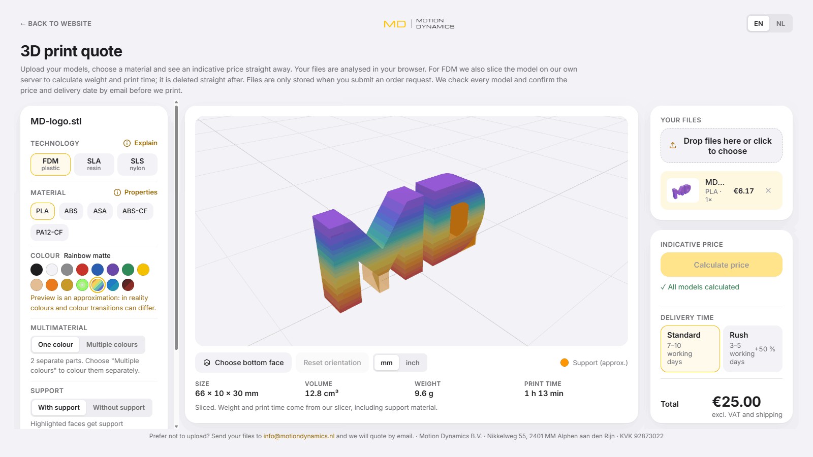 The Motion Dynamics 3D print calculator with an MD logo model, material choice and indicative price